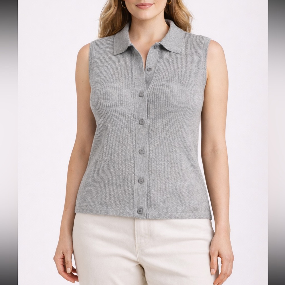 Halston Ribbed Knit Sweater Vest Sleeveless Button-Front Top Gray XL NWT V Neck